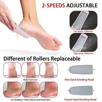 Electric Foot Callus Remover, Foot File, Rechargeable Foot File Set with 4 Different Roller Heads, Professional Pedicure Tools to Remove Cracked Heels and Dead Skin, for Feet Hands Spa