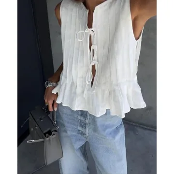Women Summer Linen Tank Tops Coquette Bow Tie Front Top Shirt Vest Babydoll Ruffle Tops Cute Shirts Aesthetic Clothes (White,Medium)