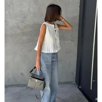 Women Summer Linen Tank Tops Coquette Bow Tie Front Top Shirt Vest Babydoll Ruffle Tops Cute Shirts Aesthetic Clothes (White,Medium)