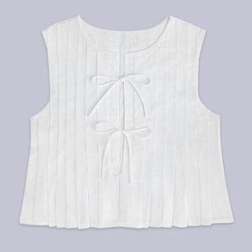 Women Summer Linen Tank Tops Coquette Bow Tie Front Top Shirt Vest Babydoll Ruffle Tops Cute Shirts Aesthetic Clothes (White,Medium)