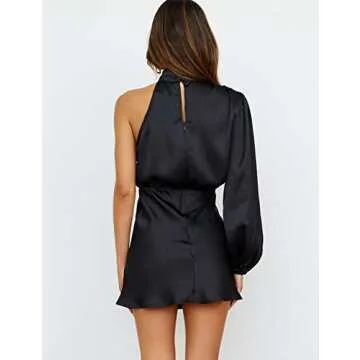 Women's Satin Long Sleeve One Shoulder Mini Dress - Sophisticated Cut Out Cocktail Dress for All Occ...