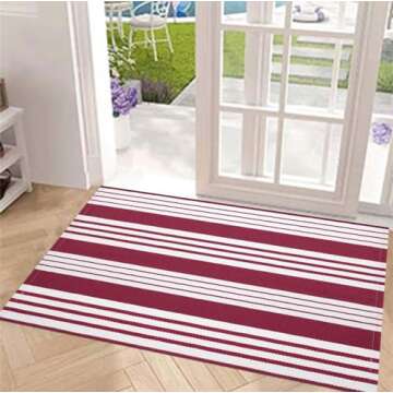 Red and White Striped Rug 24'' x 51''Outdoor Front Porch Rug Hand-Woven Machine Washable Indoor/Outdoor Layered Door Mats for Entryway/Bedroom/Outdoor