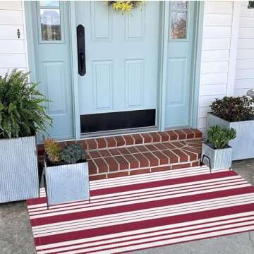 Red and White Striped Rug 24'' x 51''Outdoor Front Porch Rug Hand-Woven Machine Washable Indoor/Outdoor Layered Door Mats for Entryway/Bedroom/Outdoor