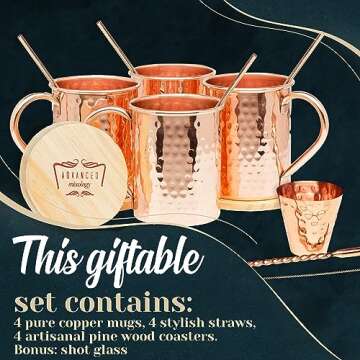 Advanced Mixology [Gift Set] Moscow Mule Mugs - 100% Pure Copper Mugs, 16 Ounce Set of 4 Stylish Des...