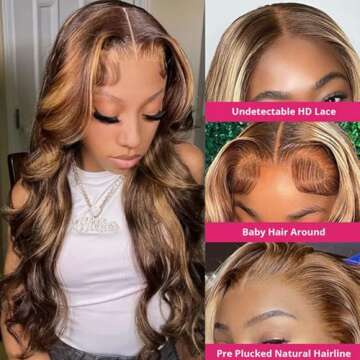 Maxine 28 Inch 13x4 Ombre Highlight Lace Front Wig Human Hair Colored 4/27 Body Wave Brazilian Highlight Ombre Human Hair Wigs for Black Women Lace Frontal Wigs 180 Density Pre Plucked 10A