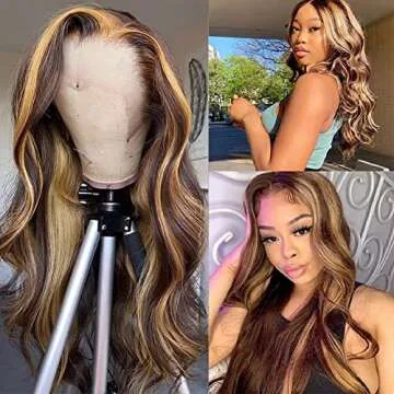 Maxine 28 Inch 13x4 Ombre Highlight Lace Front Wig Human Hair Colored 4/27 Body Wave Brazilian Highlight Ombre Human Hair Wigs for Black Women Lace Frontal Wigs 180 Density Pre Plucked 10A