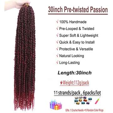 30 inch Passion Twist Pre-Twisted Ombre Red Crochet Hair - 6 Packs Bohemian Burgundy Long Twists for...