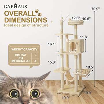 CAPHAUS Tall Climbing Modern Indoor Play Tower for Large Cats Kittens, 70-Inch with Top Perch, Cat C...