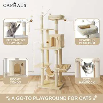 CAPHAUS Tall Climbing Modern Indoor Play Tower for Large Cats Kittens, 70-Inch with Top Perch, Cat Cave Condo, Cat Tree w Hammock, Multi-Level Cat Activity Tree w Cute Scratching Posts