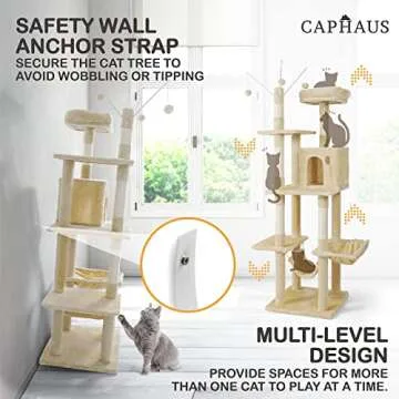 CAPHAUS Tall Climbing Modern Indoor Play Tower for Large Cats Kittens, 70-Inch with Top Perch, Cat Cave Condo, Cat Tree w Hammock, Multi-Level Cat Activity Tree w Cute Scratching Posts