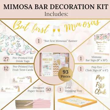 93Pcs Deluxe Mimosa Bar Supplies Decoration Kit - Drink Tray, Mimosa Bar Sign, But First Mimosas Banner & More - Bridal Shower Decorations, Birthday Brunch, Bubbly Bar, Wedding & Engagement Party