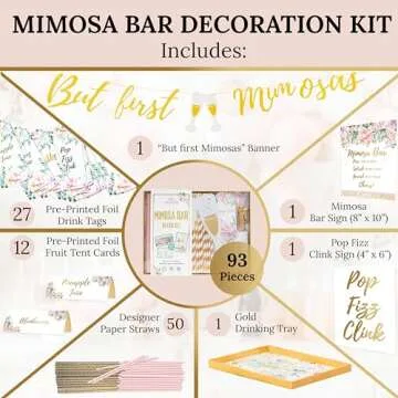 93Pcs Deluxe Mimosa Bar Supplies Decoration Kit - Drink Tray, Mimosa Bar Sign, But First Mimosas Banner & More - Bridal Shower Decorations, Birthday Brunch, Bubbly Bar, Wedding & Engagement Party