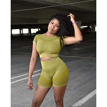 OYS Women's Workout Set 2 piece Seamless High Waisted Active Shorts Running Yoga Gym Outfits Clothes Pear yellow