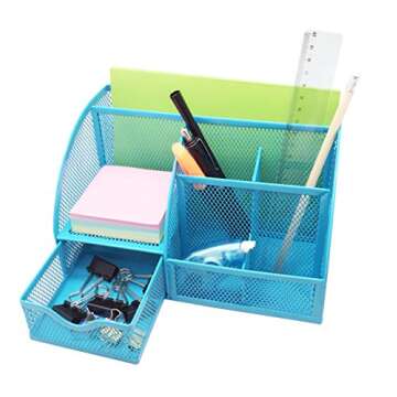Exerz Desk Organizer Blue Office Desk Accessories Supplies Office Storage Desktop Pencil Pen Holder with Drawer Home Workspace