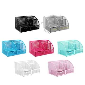 Exerz Desk Organizer Blue Office Desk Accessories Supplies Office Storage Desktop Pencil Pen Holder with Drawer Home Workspace