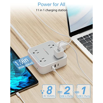 8 AC Outlets Flat Plug Extension Cord with USB