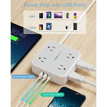 8 AC Outlets Flat Plug Extension Cord with USB