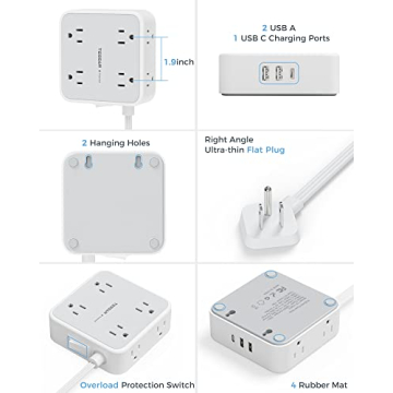 8 AC Outlets Flat Plug Extension Cord with USB
