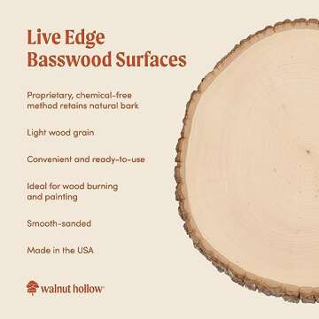 Walnut Hollow Basswood Round, Extra Large 12-14" Wide with Live Edge Wood (Pack of 1) - for Wood Bur...