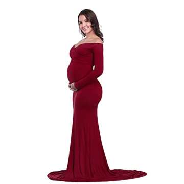 JustVH Maternity Elegant Fitted Maternity Gown Long Sleeve Cross-Front V Neck Slim Fit Maxi Photogra...