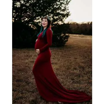 JustVH Maternity Elegant Fitted Maternity Gown Long Sleeve Cross-Front V Neck Slim Fit Maxi Photography Dress for Photoshoot A- Burgundy