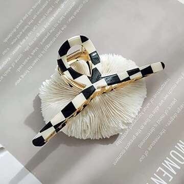 Big Butterfly Metal Hair Claw Clips for Women - Checkerboard Clamps with Strong Hold, 4.7" Large Hair Accessories for Long Thick Hair (Black&White)