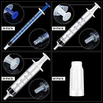 Plastic Syringe with Measurement and Caps, No Needle Measuring Syringe for Feeding, Watering, Refilling (60, 1 ml, 3 ml, 5 ml)