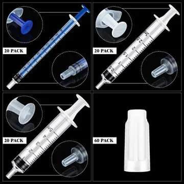 Plastic Syringe with Measurement and Caps, No Needle Measuring Syringe for Feeding, Watering, Refilling (60, 1 ml, 3 ml, 5 ml)
