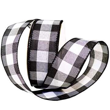 Morex Ribbon 7398.60/50-613 Cambridge 2.5" X 50 YD Wired Ribbon, Black and White, Buffalo Check Plai...