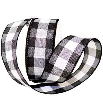 Morex Ribbon 7398.60/50-613 Cambridge 2.5" X 50 YD Wired Ribbon, Black and White, Buffalo Check Plai...