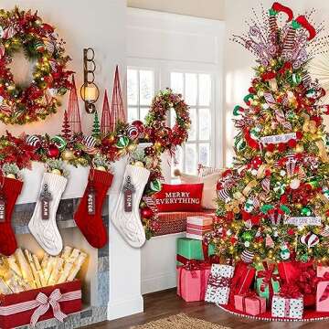 XIMISHOP 6pack Christmas Stockings, 18inch Large Personalized Cable Knitted Xmas Hanging Stocking Decorations with Name Tags for Holiday Christmas Party Family Decor (Red and White)