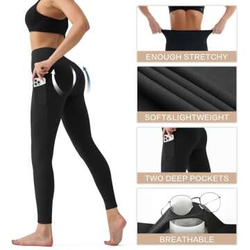 High Waisted Leggings for Women with Pockets - Tummy Control Yoga Pants for Workout Running Athletic No See Through Black