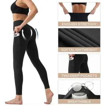 High Waisted Leggings for Women with Pockets - Tummy Control Yoga Pants for Workout Running Athletic No See Through Black