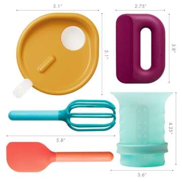 Boon Intro Toddler Food Prep Kids Kitchen Set - Kids Kitchen Accessories - 5 Unique Toddler Kitchen Tools Includes Spatula, Egg Cracker, Kids Chopper, Measuring Cup, and Bowl - Ages 3 Years and Up