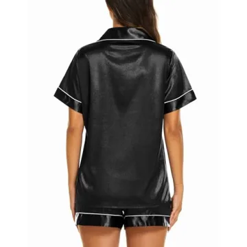Ekouaer Womens Satin Silk Pajamas Set Short Sleeve Button Down Top and Shorts Sleepwear 2 Piece Pjs Set,Black,Small