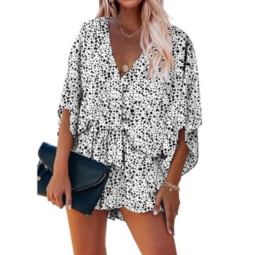 PRETTYGARDEN Women’s Floral Print Shorts Jumpsuit Wrap V Neck 3/4 Sleeve Casual Loose Oversized Ro...