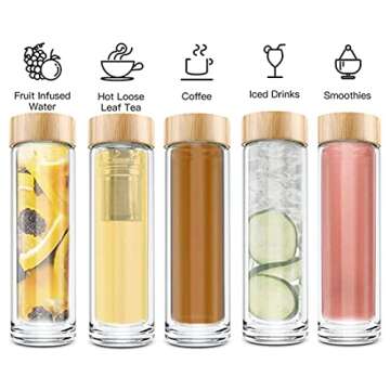 COMI Tea Bottle, 14 oz - Borosilicate Glass, Double Wall, Infuser & Strainer, Bamboo Lid, Eco-Friend...