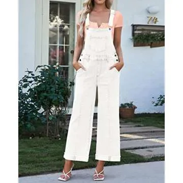 Vetinee Womens Overalls Baggy Jumpsuit Casual Jeans Overalls Women Oversized Overalls For Women Wide Leg Denim Jumpsuit Brilliant White Size Small Size 4 Size 6