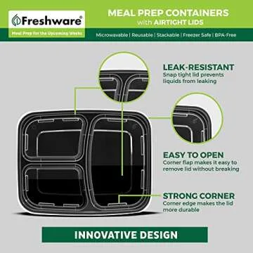 Freshware Meal Prep Containers [15 Pack] 3 Compartment with Lids, Food Containers, Lunch Box, Stackable, Bento Box, Microwave/Dishwasher Safe (32 oz)