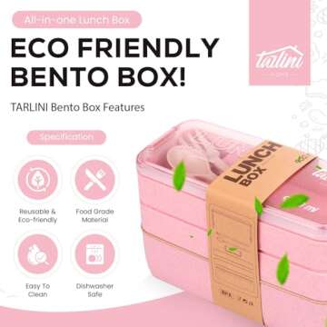 TARLINI | Premium Pink Bento Box for Adults - 3-Stackable Containers - Ideal for Work & On-The-Go - Includes Utensil Set - Eco-Friendly Design - Lunch Box Containers for Healthy Meal Prep | 35 oz