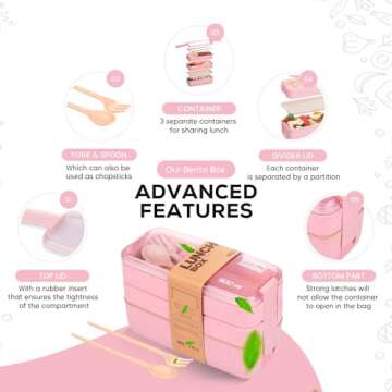 TARLINI | Premium Pink Bento Box for Adults - 3-Stackable Containers - Ideal for Work & On-The-Go - Includes Utensil Set - Eco-Friendly Design - Lunch Box Containers for Healthy Meal Prep | 35 oz