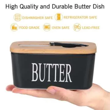 Lxmons Ceramic Butter Dish with Wooden Lid, Large Butter Container Keeper Storage with Stainless Ste...