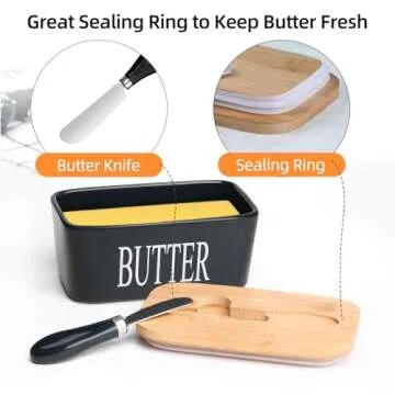 Lxmons Ceramic Butter Dish with Wooden Lid, Large Butter Container Keeper Storage with Stainless Steel Butter Knife Spreader, Bamboo Cover and Silicone Sealing Ring for West East Coast Butter, Black