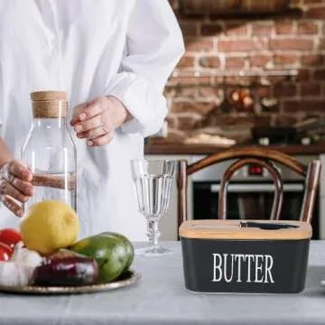 Lxmons Ceramic Butter Dish with Wooden Lid, Large Butter Container Keeper Storage with Stainless Steel Butter Knife Spreader, Bamboo Cover and Silicone Sealing Ring for West East Coast Butter, Black