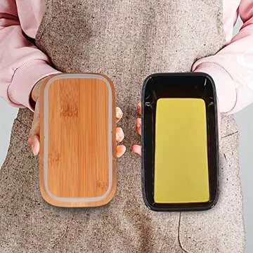 Lxmons Ceramic Butter Dish with Wooden Lid, Large Butter Container Keeper Storage with Stainless Steel Butter Knife Spreader, Bamboo Cover and Silicone Sealing Ring for West East Coast Butter, Black