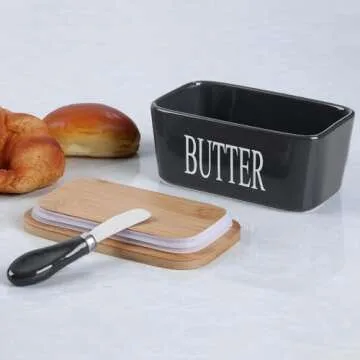 Lxmons Ceramic Butter Dish with Wooden Lid, Large Butter Container Keeper Storage with Stainless Steel Butter Knife Spreader, Bamboo Cover and Silicone Sealing Ring for West East Coast Butter, Black
