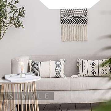 Black Cream Throw Pillow, Boho Lumbar Pillow with Tassels, Rectangle Pillow for Bed Bedroom Living Room Sofa Couch 12"x20" Without Filler