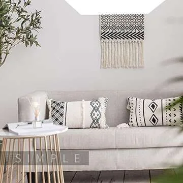 Black Cream Throw Pillow, Boho Lumbar Pillow with Tassels, Rectangle Pillow for Bed Bedroom Living Room Sofa Couch 12"x20" Without Filler