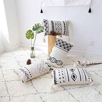 Black Cream Throw Pillow, Boho Lumbar Pillow with Tassels, Rectangle Pillow for Bed Bedroom Living Room Sofa Couch 12"x20" Without Filler
