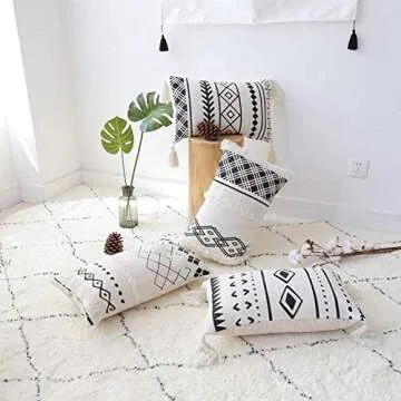 Black Cream Throw Pillow, Boho Lumbar Pillow with Tassels, Rectangle Pillow for Bed Bedroom Living Room Sofa Couch 12"x20" Without Filler